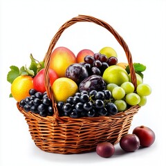 Ripe juicy fruits in basket isolated on white background