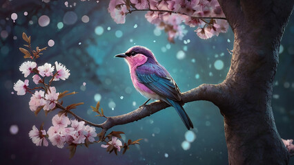 Fototapeta premium A bird perches on a tree branch, Surrounding the bird are branches with pink flowers and buds.
