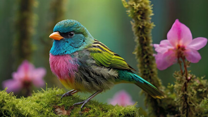 Obraz premium A bird perches on a tree branch, Surrounding the bird are branches with pink flowers and buds and blur green background.