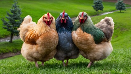Fototapeta premium Three chickens standing in a field with grass and trees behind them, AI