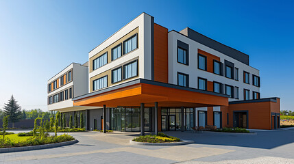 Obraz premium A high-quality stock photo of a modern hotel building with a welcoming facade. The image captures the hotel's exterior, showcasing its design and architecture.