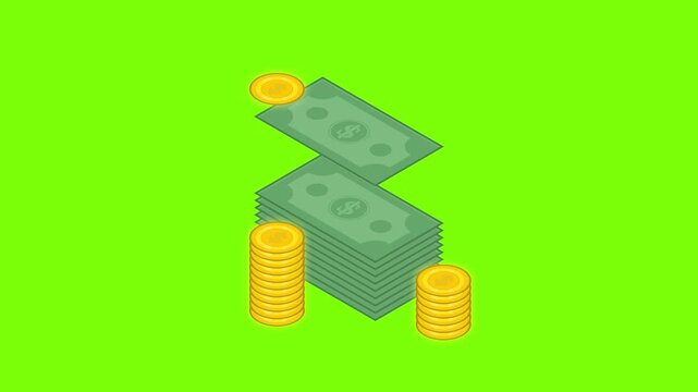 Dollars cash and coins fall down and money saving graphic animated video animation on green screen background