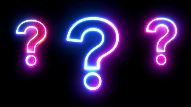 Neon question marks glowing in blue and pink, vibrant illuminated symbols on dark background