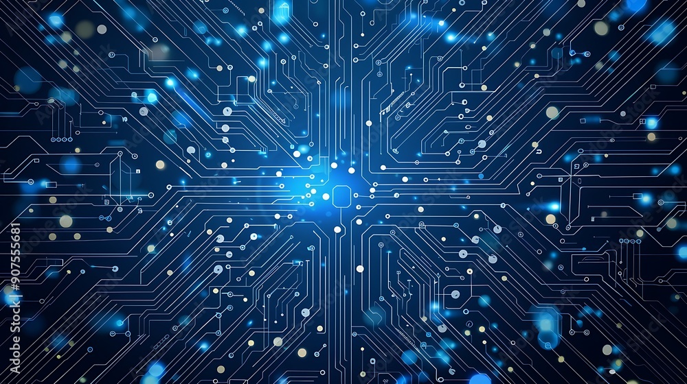 Poster abstract circuit board design with glowing lights representing data flow and network connection.