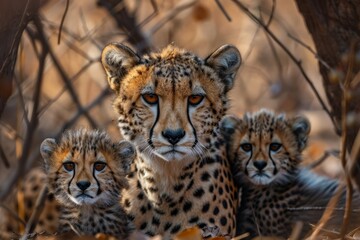 Obraz premium Cheetah mother with her cubs in a golden, sunlit landscape.
