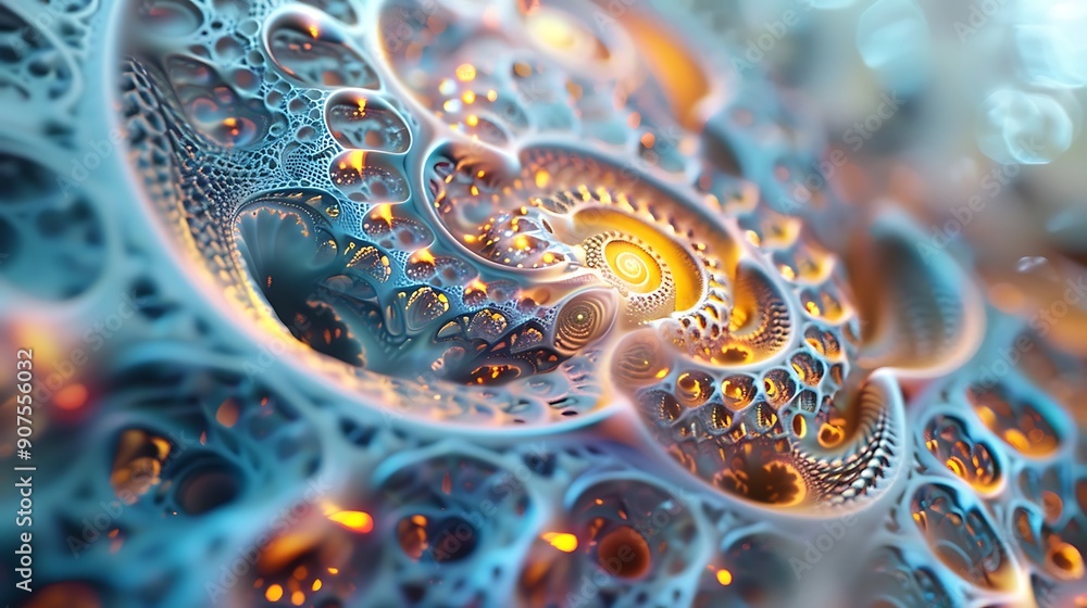 Poster abstract fractal artwork featuring intricate patterns, vibrant colors, and a sense of infinite depth