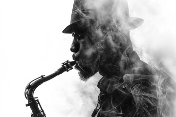 Obraz premium Saxophone player performing with dramatic smoke effect