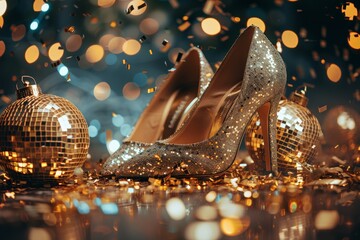 Sparkling high-heeled shoes surrounded by golden confetti and disco balls, celebrating a festive event.