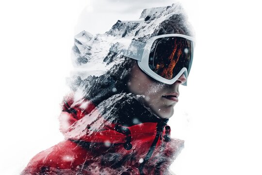 Young man wearing ski goggles becoming one with mountain scenery