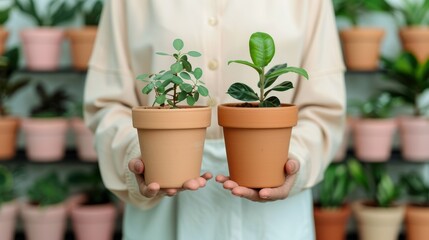 A person holding two potted plants in terracotta pots, showcasing indoor gardening and plant care in a lush green environment.