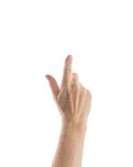 Mid aged woman hand touch screen gesture isolated on white background