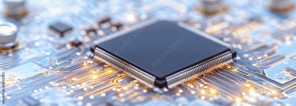 Poster close-up of a modern microchip on a circuit board, showcasing intricate details and components for t