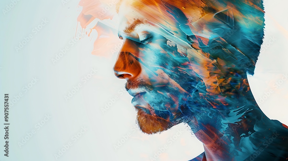 Poster man's face with closed eyes, surrounded by an abstract painting, depicting an array of colors and te