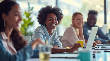 Collaborative workspace with diverse multinational team engaged in business discussions and teamwork in a modern office environment