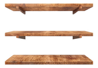 wooden wall shelves isolated on transparent background.
