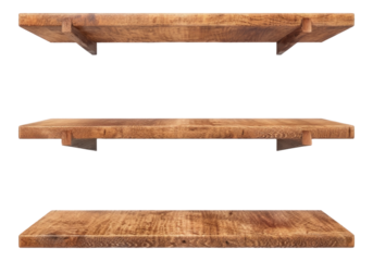 wooden wall shelves isolated on transparent background.