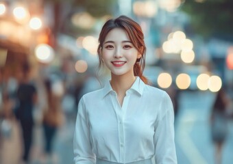 Obraz premium Stylish young Asian business woman walking in city street with blurred background of busy commercial area.