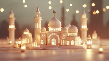 Obraz premium Islamic holiday banner in monotone design. Ramadan night. Cute mosque and lantern displayed on stages with glowing light in the evening. 3d illustration