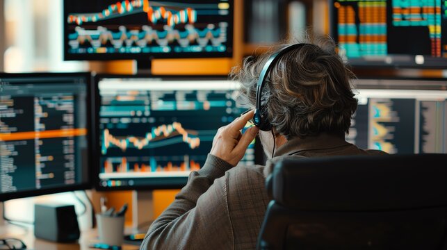 Stock trader analyzing financial data on multiple monitors in modern office. Trading stocks, discussing market trends, and strategizing investments.