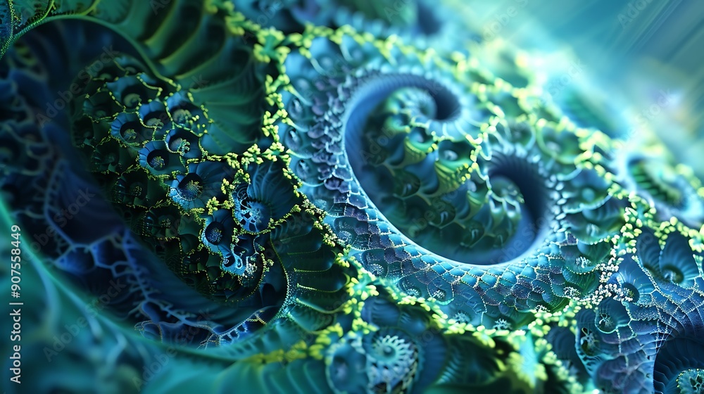 Poster abstract fractal artwork with intricate spiral designs in shades of blue and green. the swirling pat