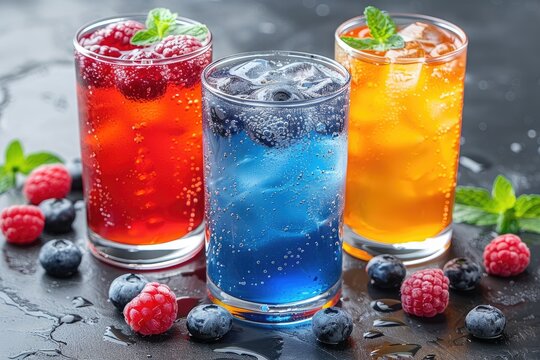 Three Glasses of Cold Refreshing Drinks with Raspberries and Blueberries