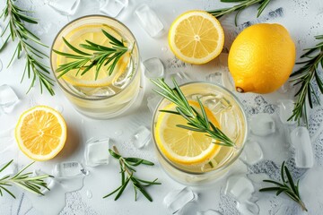 Refreshing lemon and rosemary drink served in glasses with ice cubes and lemon slices.