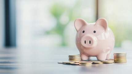 Small Ceramic Pink Piggy Bank on Table with Coins - Business Concept, Savings Moneybox for Safe Account Income, Budget for Investing or Loan, Wealth Profit Deposit Photo