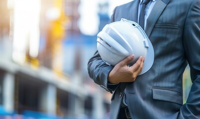 Businessman in a suit holding a construction hard hat on site.