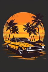 A bright yellow muscle car parked in front of swaying palm trees, perfect for a sunny day or a retro-themed event