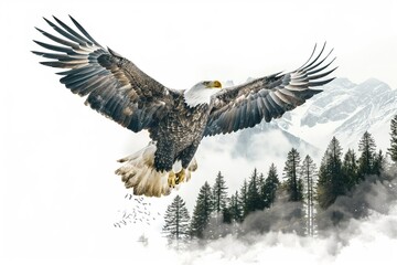 Fototapeta premium Majestic bald eagle flying over misty mountains with open wings