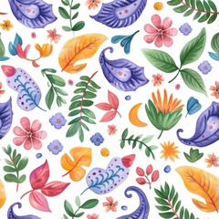 Seamless pattern with intricate paisley patterns in bold, bright colors. Conveyed in watercolor form