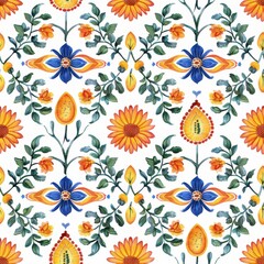 Seamless pattern with intricate paisley patterns in bold, bright colors. Conveyed in watercolor form
