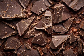 Close-up of broken dark chocolate pieces with a rustic texture.