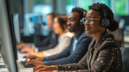 Multiracial team of customer service executives collaborating in a modern office setting, providing professional assistance and support for clients in a diverse and inclusive work environment