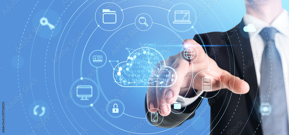 Poster man finger touch cloud service hologram and files backup, binary system