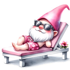 Naklejka premium cute summer gnome in swimming trunks lying on lounge chair watercolor illustration
