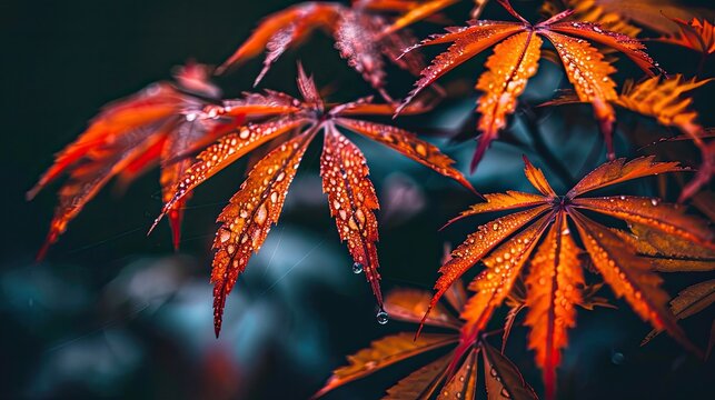 red maple leaves with water droplets