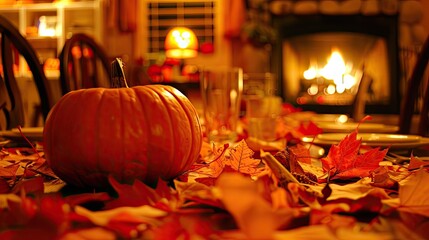 A cozy autumn dining room with pumpkins 