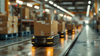 Automated robots transporting boxes in a modern warehouse. Efficient logistics and technology in action.