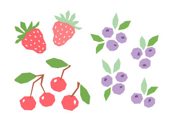 Set of cartoon strawberry, blueberry, cherry isolated on white. Geometric berries collection elements for logo, print, design.