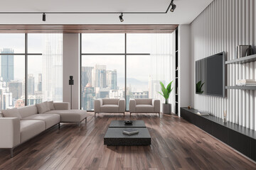 Stylish home living room interior with soft place and tv screen, window