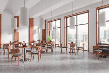 Modern cafe interior with wooden furniture and large windows. 3D Rendering