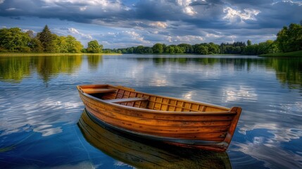 Obraz premium Wooden Boat on Calm Lake with Cloudy Sky.