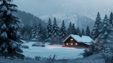 A cozy winter cabin surrounded by snow-covered trees, glowing warmly in the serene landscape of a snowy mountain evening.