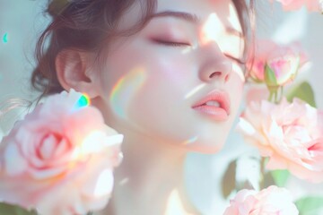 A beautiful Asian woman with roses in her hair soft and delicate skin with bright sunshine.