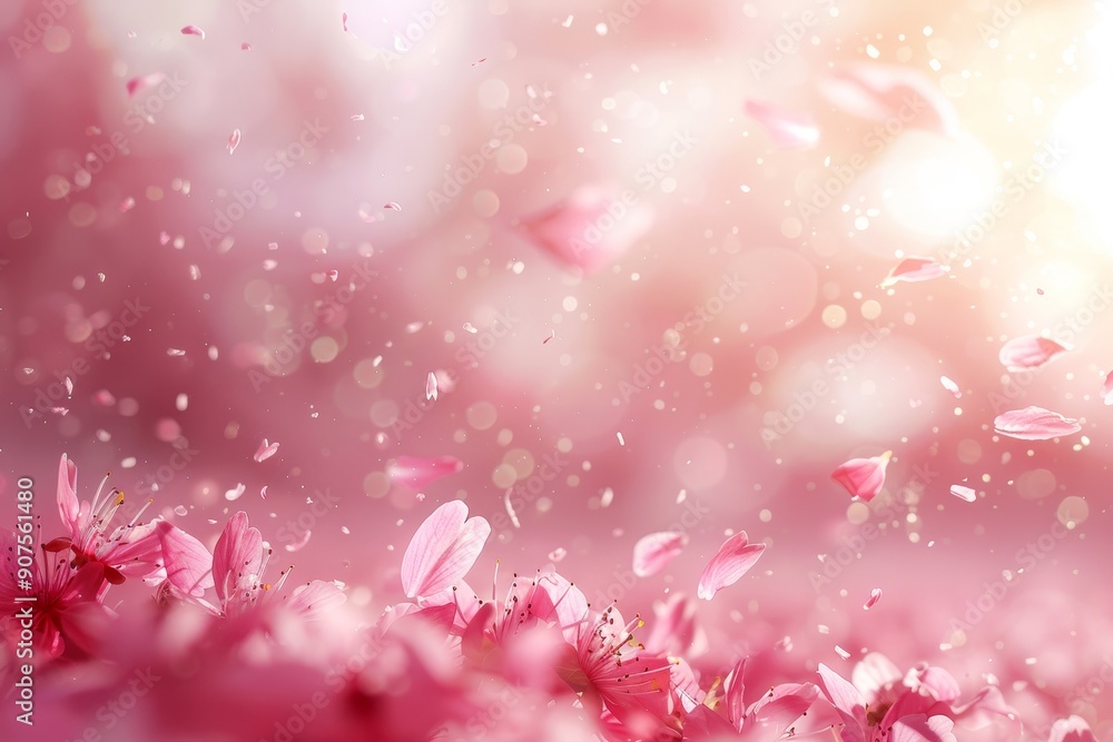 Poster a serene scene of pink flower petals floating through the air, creating a dreamy atmosphere filled w