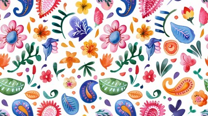 Fototapeta premium Seamless pattern with intricate paisley patterns in bold, bright colors. Conveyed in watercolor form