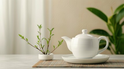 A serene tea set with a white teapot and green plant, perfect for a tranquil home or wellness setting.