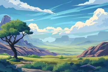 A Lone Tree Stands Tall in a Valley Landscape with Mountains in the Distance and a Cloudy Sky