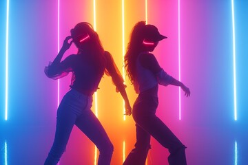Two women posing in front of neon lights with a blue and pink background.